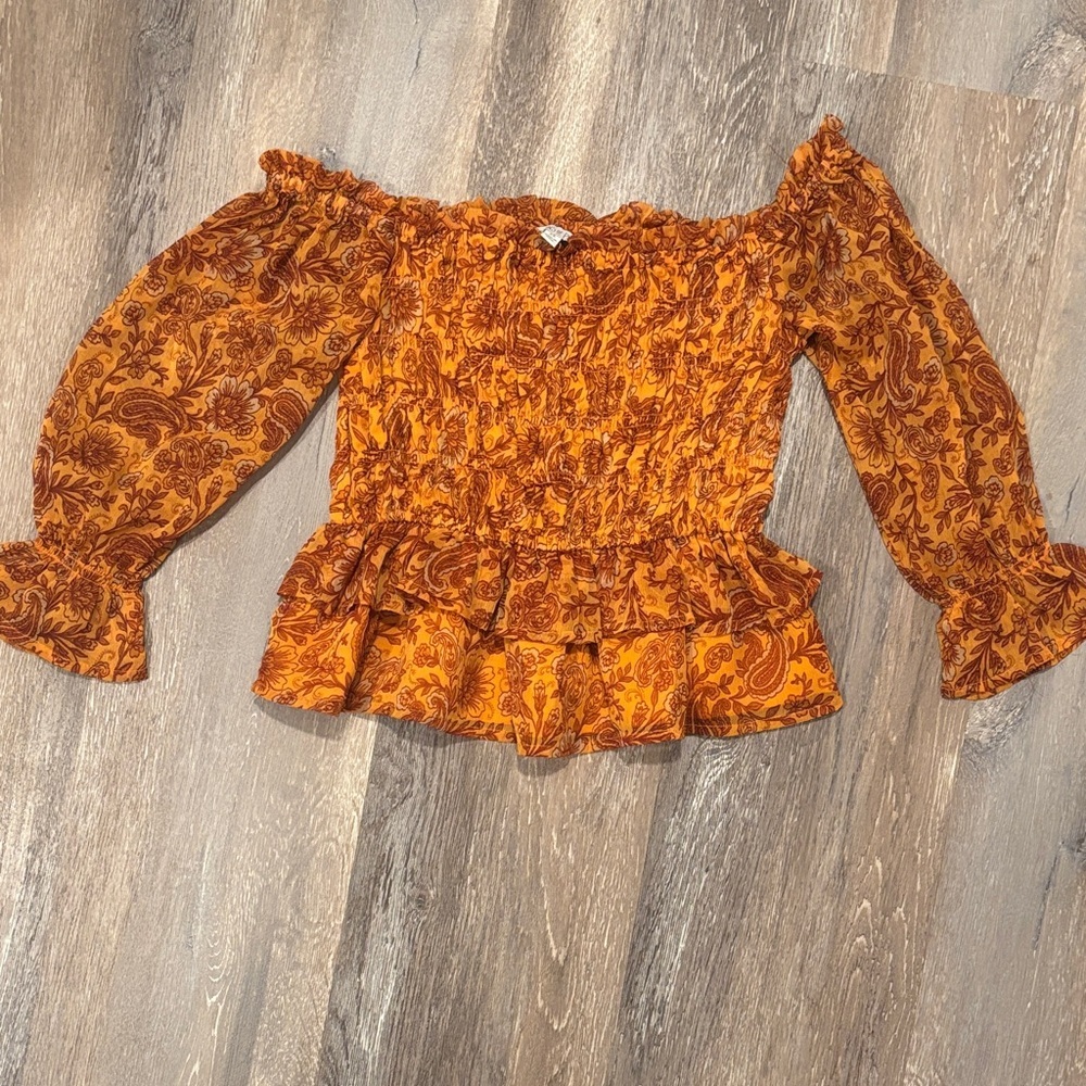 Patrons of Peace Orange Floral Blouse Babydoll Top Cropped Ruffles Peplum